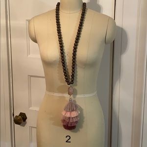 Wooden bead long necklace with tassle
